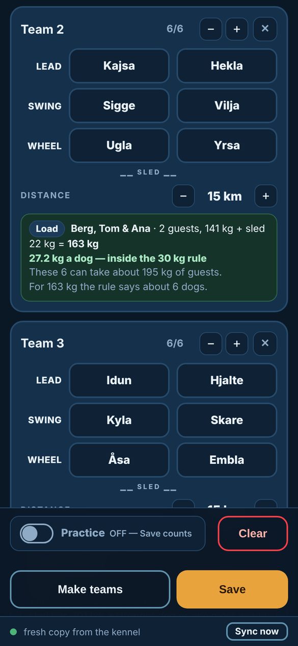Teams with the load: Guests' kilos plus the sled, shown as kg per dog. Green means inside the 30 kg rule.