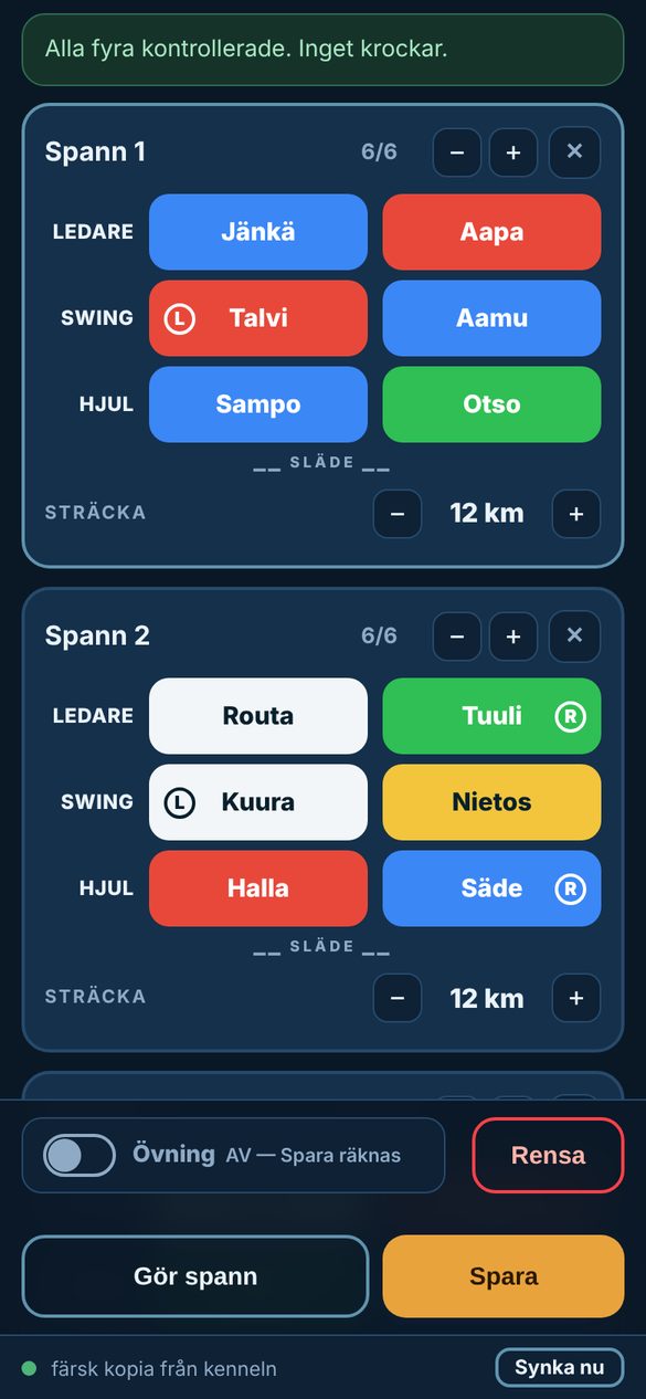 Same app, in Swedish: Make teams placed every left-only and right-only dog on its side. Nothing clashes.