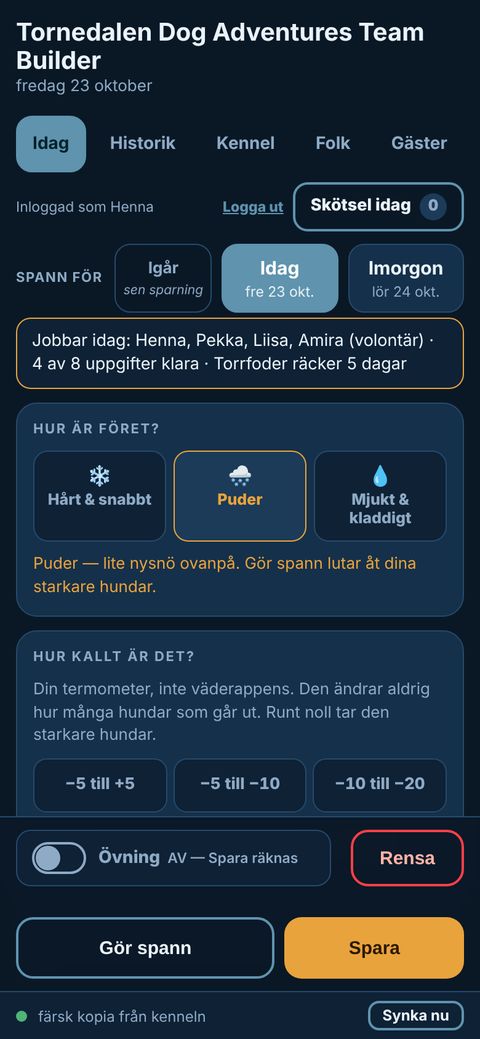 Tänään-näkymän yläosa ruotsiksi: tarhan nimi, viisi välilehteä ja Hoito tänään -painike