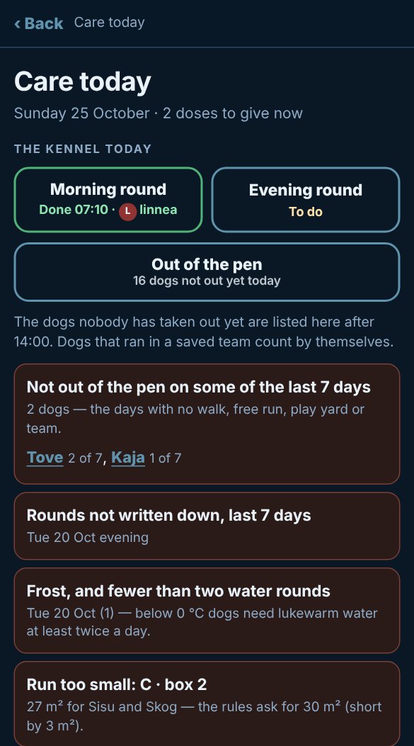Care today: morning round done, evening round to do, 16 dogs not yet out of the pen, and what still needs doing